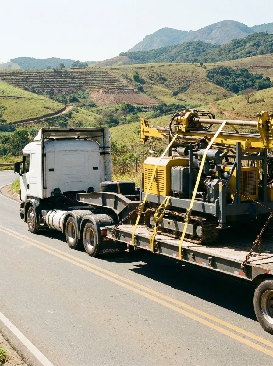 Caminhão com prancha transportando uma perfuratriz amarrada, em estrada de Minas Gerais
